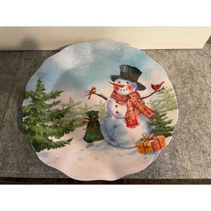 3 plastic Scalloped Colorful Snowman Plates 10.75 inches  #858